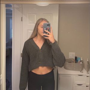 grey cropped buttoned sweater